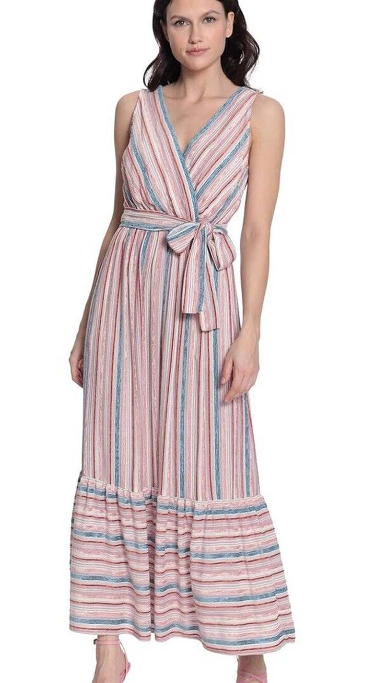 Donna Morgan Striped Sleeveless Maxi Dress Women Plus 20 Ruffle Belt